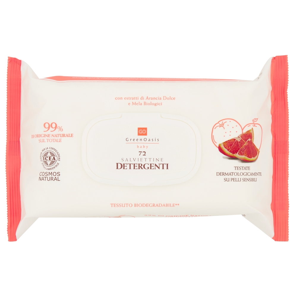 72 SALVIETTINE DETERGENTI con Estratti di Arancia Dolce e Mela Biologici, Green Oasis Baby